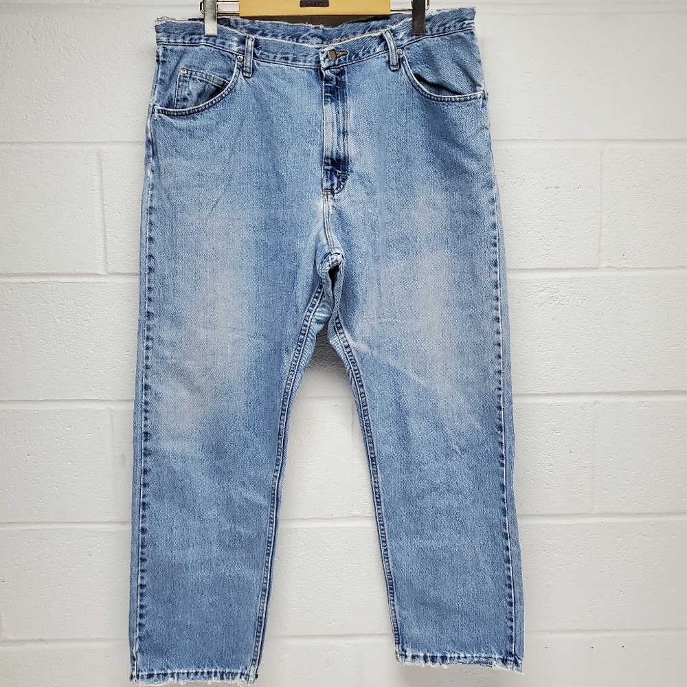 Vintage Distressed Wrangler Men 40x30 Denim Jeans Raggedy Ripped Straight Grungy